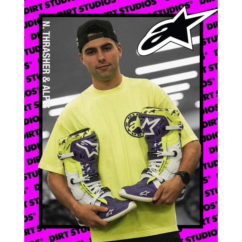 Alpinestars TECH 10 motociklističke čizme ograničeno izdanje Dirt Studios ljubičasto-bijelo-fluo žuto