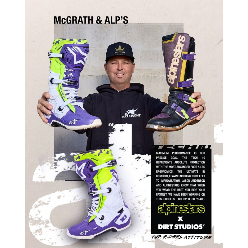 Alpinestars TECH 10 motociklističke čizme ograničeno izdanje Dirt Studios ljubičasto-bijelo-fluo žuto