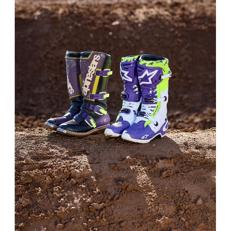 Alpinestars TECH 10 motociklističke čizme ograničeno izdanje Dirt Studios ljubičasto-bijelo-fluo žuto