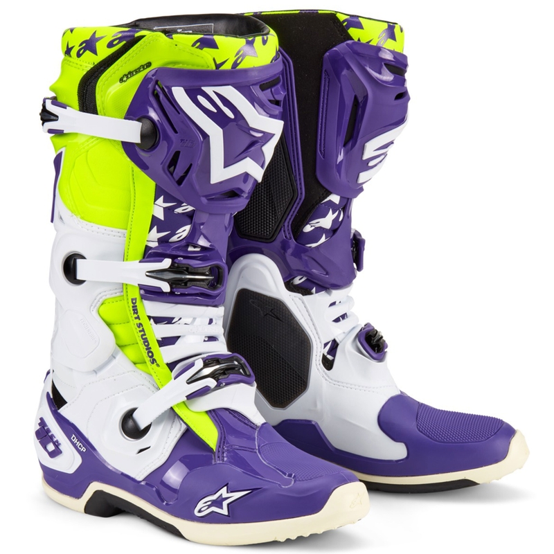 Alpinestars TECH 10 motociklističke čizme ograničeno izdanje Dirt Studios ljubičasto-bijelo-fluo žuto