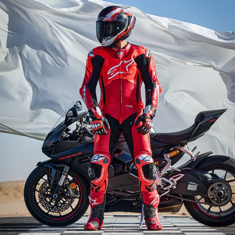 Jednodijelno kožno motociklističko odijelo Alpinestars GP Plus V4 Sprint, Tech-air kompatibilno, Fluo crveno-crveno-bijelo-crno