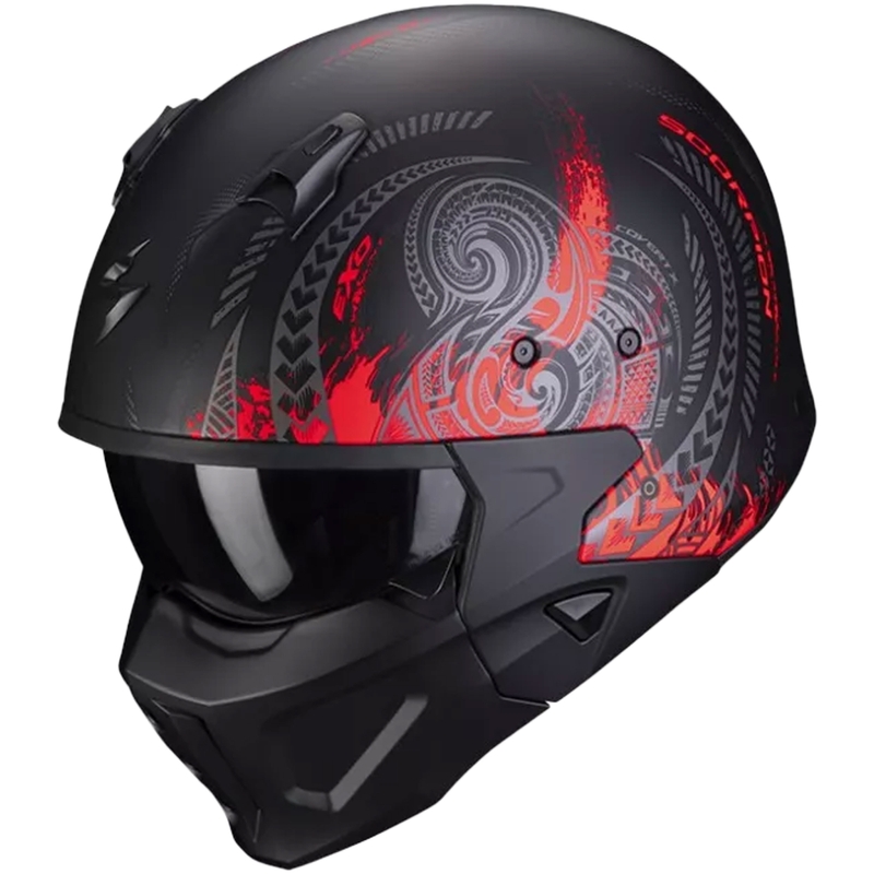 Otvorena kaciga s maskom SCORPION COVERT-X TATTOO mat crno-crvena