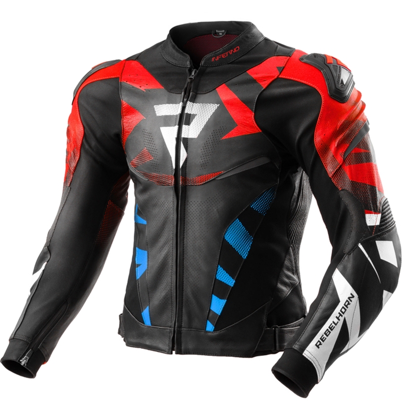 Motociklistička kožna jakna Rebelhorn Inferno crno-plavo-bijelo-crvena