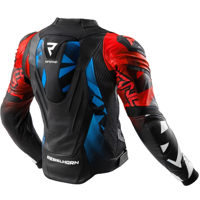 Motociklistička kožna jakna Rebelhorn Inferno crno-plavo-bijelo-crvena