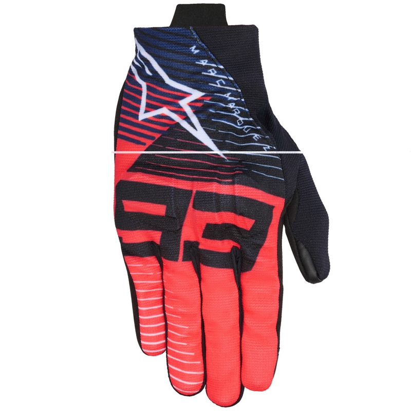 Kolekcija motociklističkih rukavica Alpinestars Reef V2 MM93 Kolekcija Fluo crveno-plavo-bijela