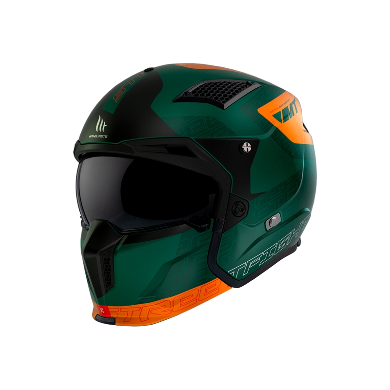 Otvorena kaciga s maskom MT Streetfighter SV Totem C6 crno-narančasto-zelena s iridij pleksiglasom