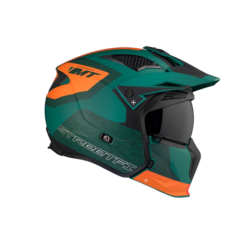 Otvorena kaciga s maskom MT Streetfighter SV Totem C6 crno-narančasto-zelena s iridij pleksiglasom