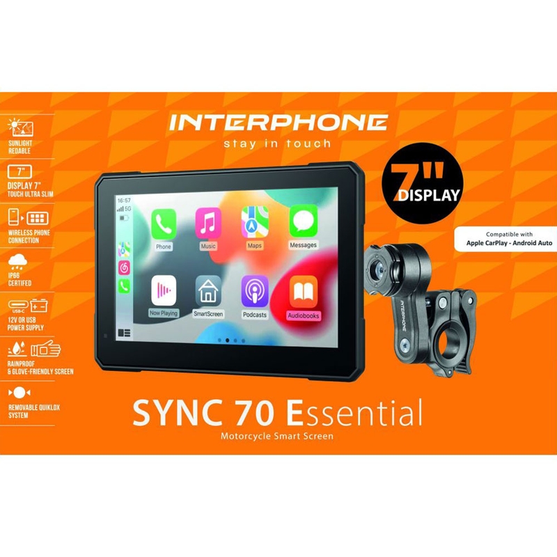 Interfon SYNC70 ESSENTIAL s Apple CarPlay i Android Auto zaslonom za motocikle