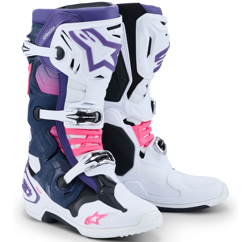 Alpinestars Tech 10 motociklističke čizme bijelo-ljubičasto-plavo-fluo roza