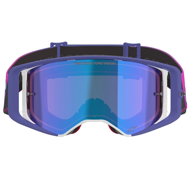 Alpinestars Supertech Vision Vista motocross naočale ljubičasto-fluo ružičaste s plavim zrcalnim staklima
