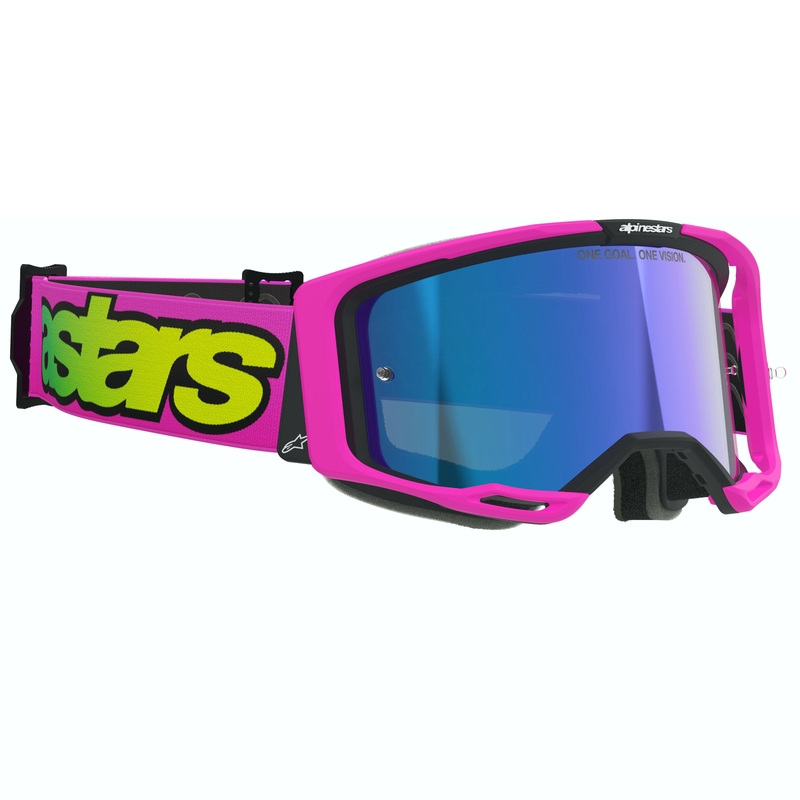 Alpinestars Vision 8 Vista fluo ružičasto-fluo žuto-zelene motokros naočale sa zrcalno plavim staklima