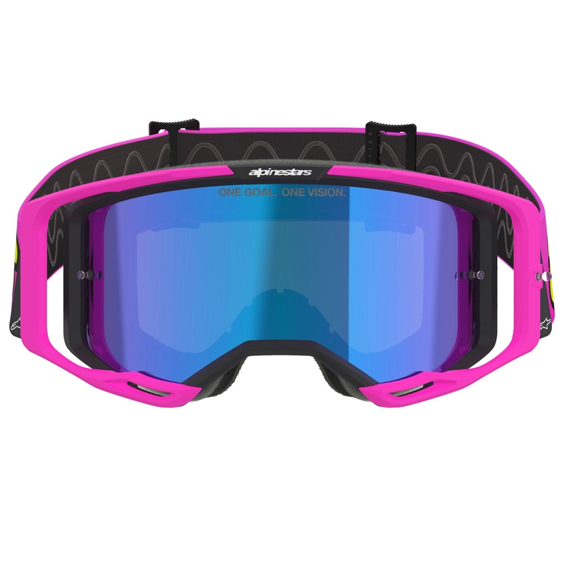 Alpinestars Vision 8 Vista fluo ružičasto-fluo žuto-zelene motokros naočale sa zrcalno plavim staklima