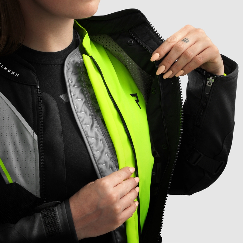 Ženska motoristička jakna Rebelhorn Hiflow V crno-sivo-fluo žuta