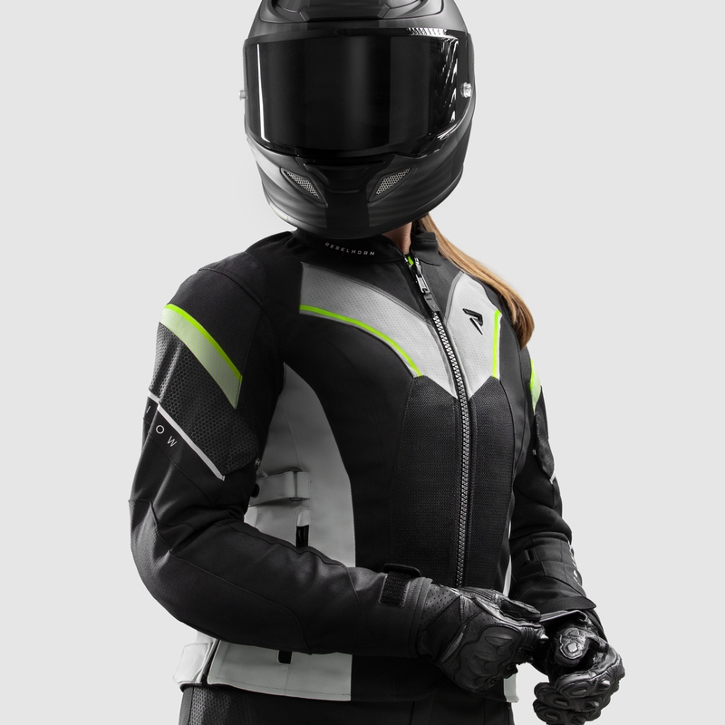 Ženska motoristička jakna Rebelhorn Hiflow V crno-sivo-fluo žuta