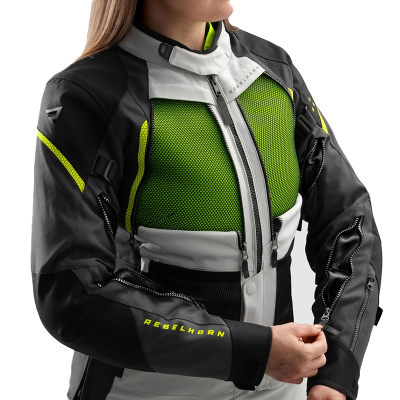 Ženska motociklistička jakna Rebelhorn Hardy 3.0 crno-sivo-fluo žuta