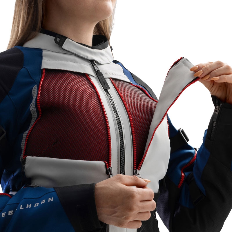 Ženska motoristička jakna Rebelhorn Hardy 3.0 plavo-sivo-crvena