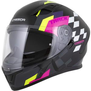 Cassida Orbit Track kaciga za motocikle s punim licem, crno-ružičasto-ljubičasto-fluo žuto-bijelo
