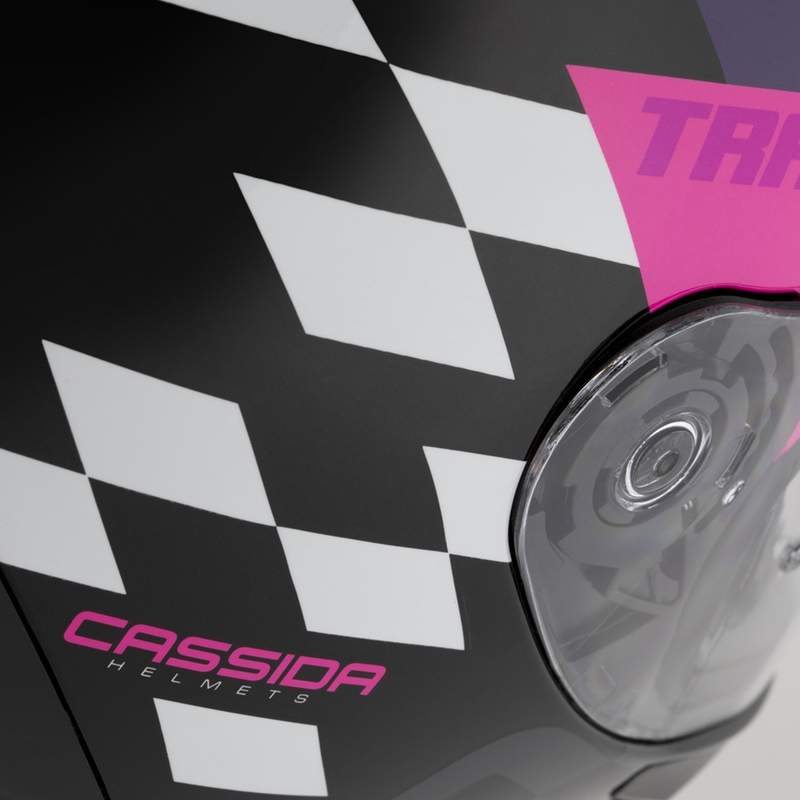 Cassida Orbit Track kaciga za motocikle s punim licem, crno-ružičasto-ljubičasto-fluo žuto-bijelo