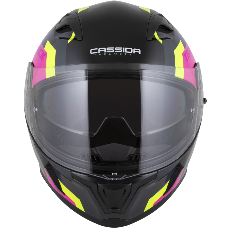 Cassida Orbit Track kaciga za motocikle s punim licem, crno-ružičasto-ljubičasto-fluo žuto-bijelo