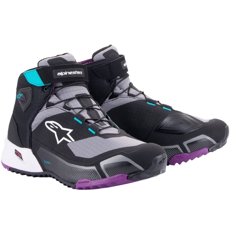 Ženske motociklističke čizme Alpinestars Stella CR-X Drystar crne-sive-ljubičaste-tirkizne