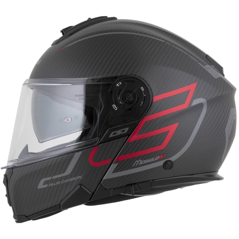 Preklopna motociklistička kaciga Cassida Modulo 2.1 Plus Carbon BlackOut mat crno-metalik crveno-reflektirajuća srebrno-crna