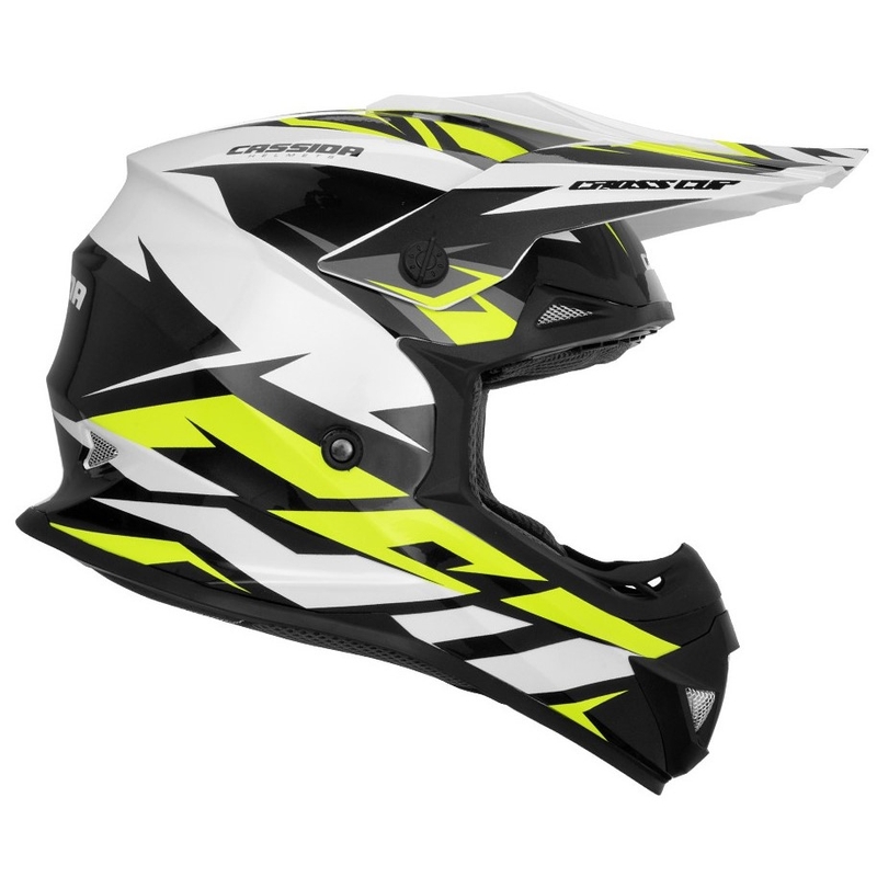 Motocross kaciga Cassida Cross Cup Two crno-bijela-siva-fluo žuta