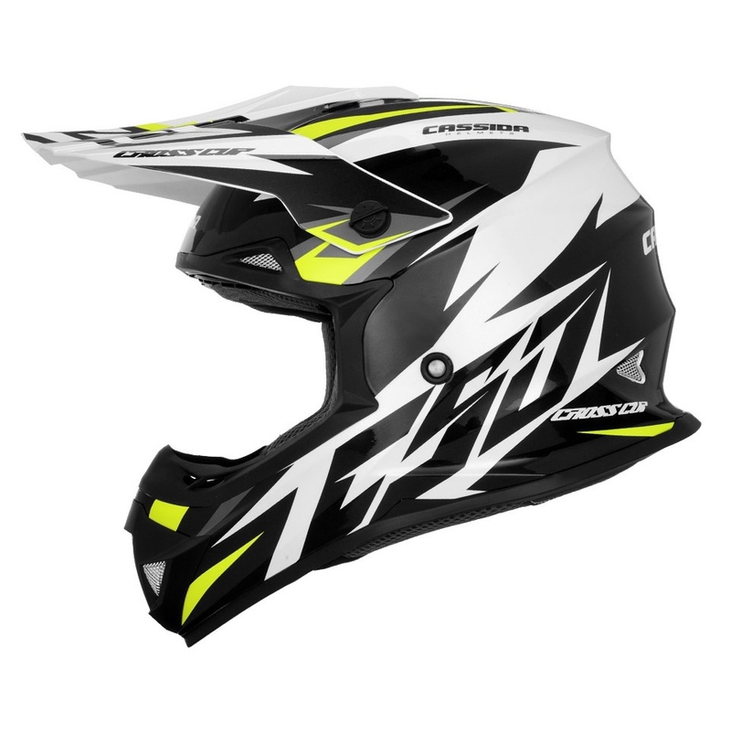 Motocross kaciga Cassida Cross Cup Two crno-bijela-siva-fluo žuta