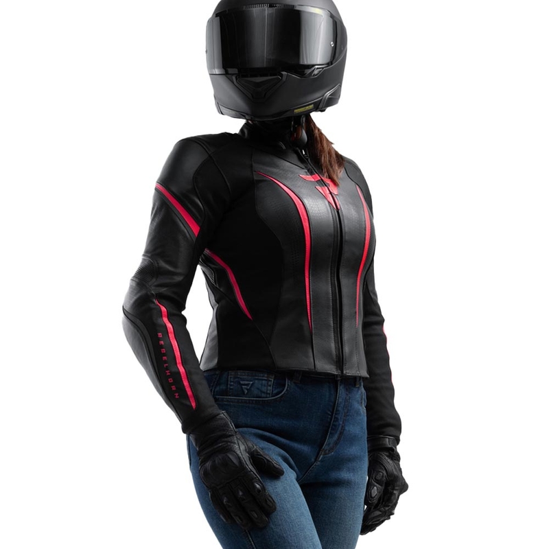 Ženska kožna motociklistička jakna Rebelhorn Diva ST crno-roza