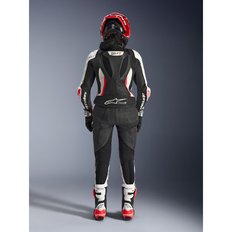 Žensko dvodijelno kožno motociklističko odijelo Alpinestars Stella GP-R7 crno-bijelo-fluo crveno