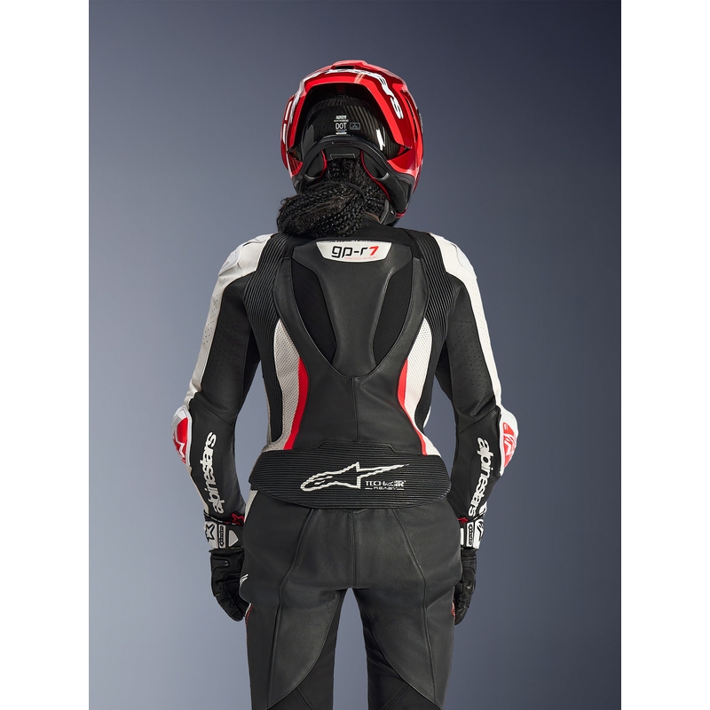 Žensko dvodijelno kožno motociklističko odijelo Alpinestars Stella GP-R7 crno-bijelo-fluo crveno