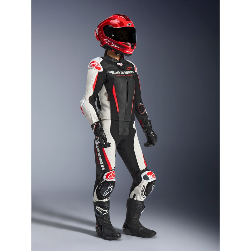 Žensko dvodijelno kožno motociklističko odijelo Alpinestars Stella GP-R7 crno-bijelo-fluo crveno