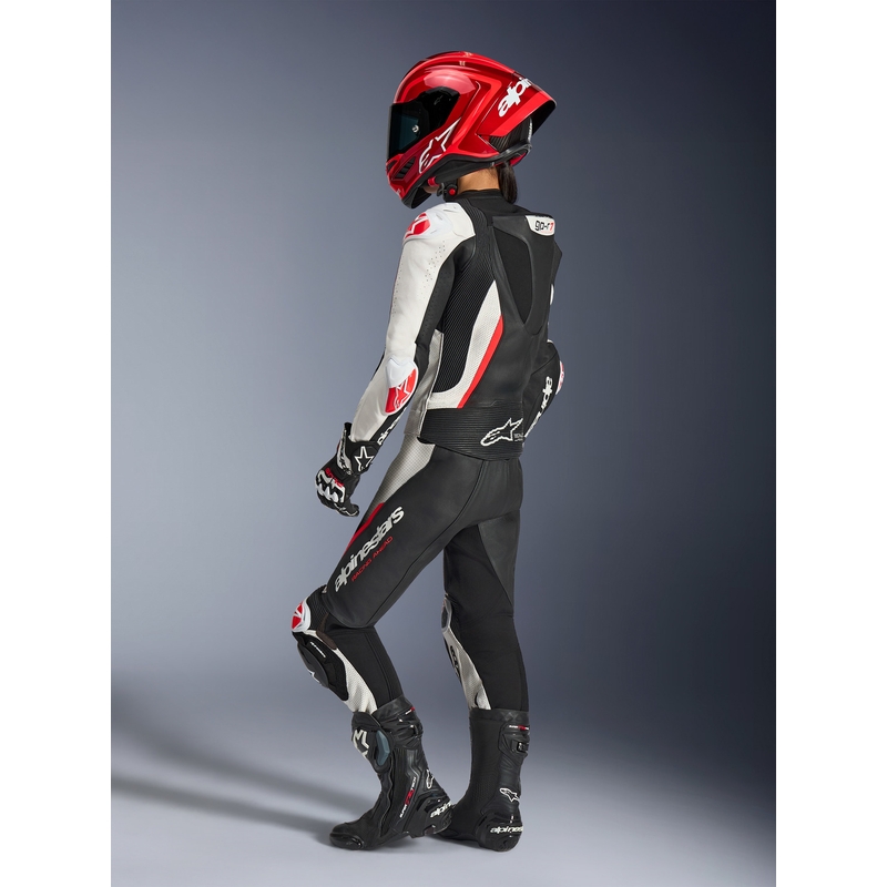 Žensko dvodijelno kožno motociklističko odijelo Alpinestars Stella GP-R7 crno-bijelo-fluo crveno