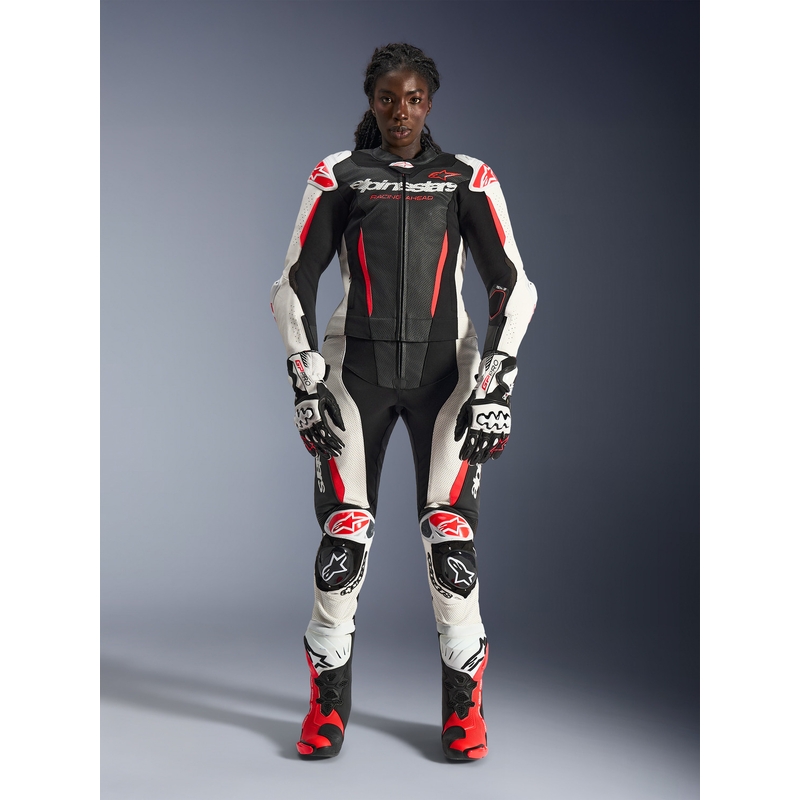 Žensko dvodijelno kožno motociklističko odijelo Alpinestars Stella GP-R7 crno-bijelo-fluo crveno