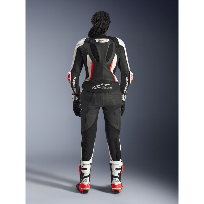 Žensko dvodijelno kožno motociklističko odijelo Alpinestars Stella GP-R7 crno-bijelo-fluo crveno