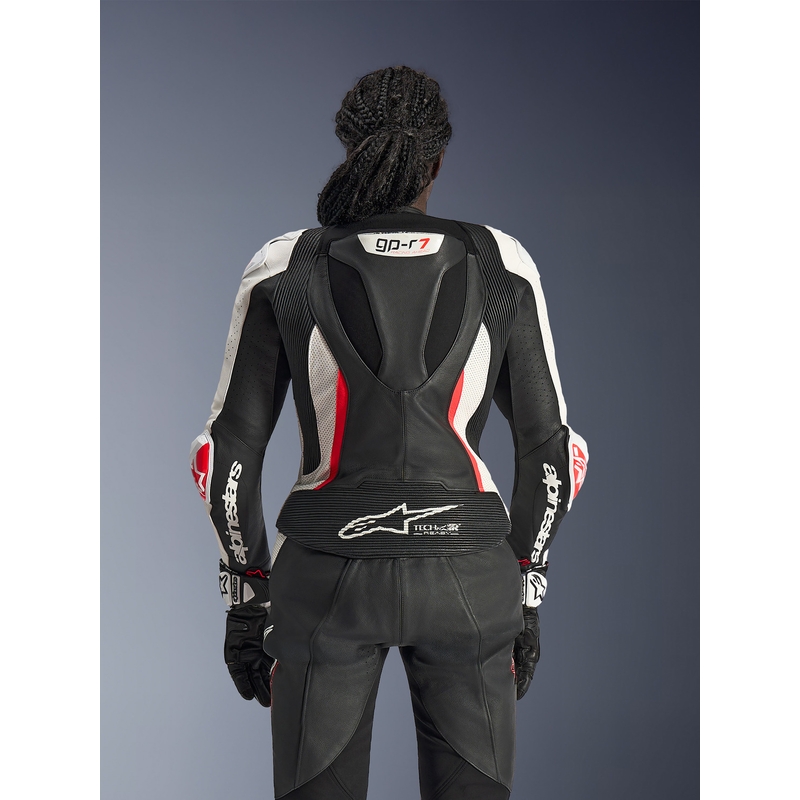 Žensko dvodijelno kožno motociklističko odijelo Alpinestars Stella GP-R7 crno-bijelo-fluo crveno