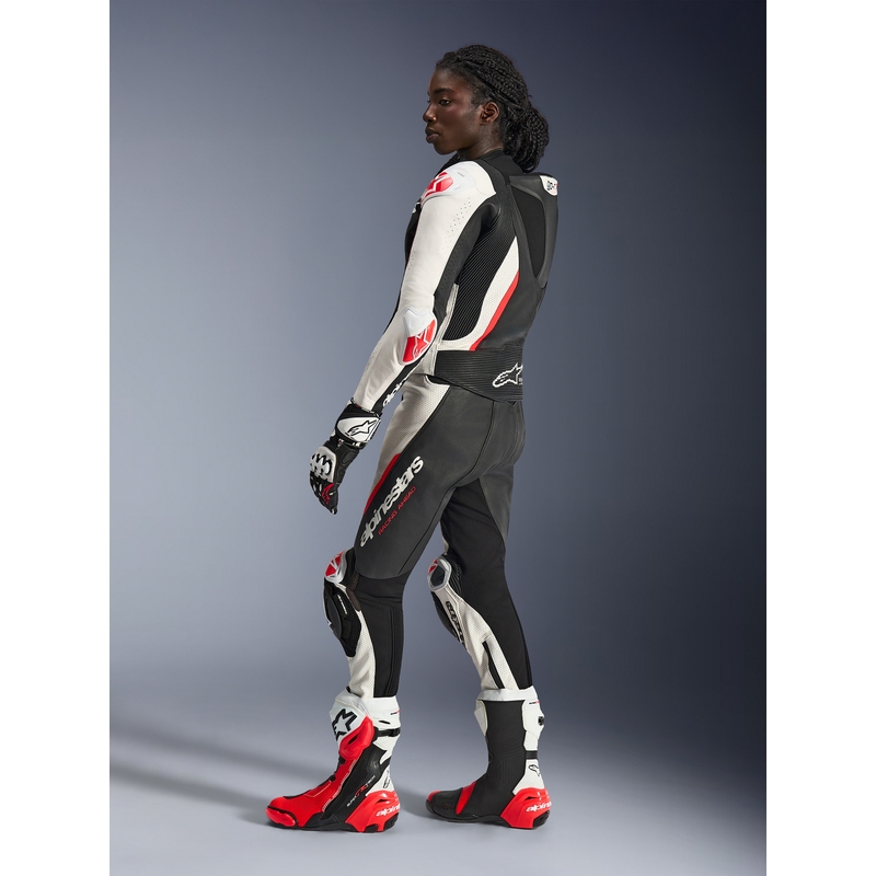 Žensko dvodijelno kožno motociklističko odijelo Alpinestars Stella GP-R7 crno-bijelo-fluo crveno