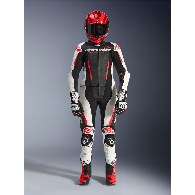 Žensko dvodijelno kožno motociklističko odijelo Alpinestars Stella GP-R7 crno-bijelo-fluo crveno