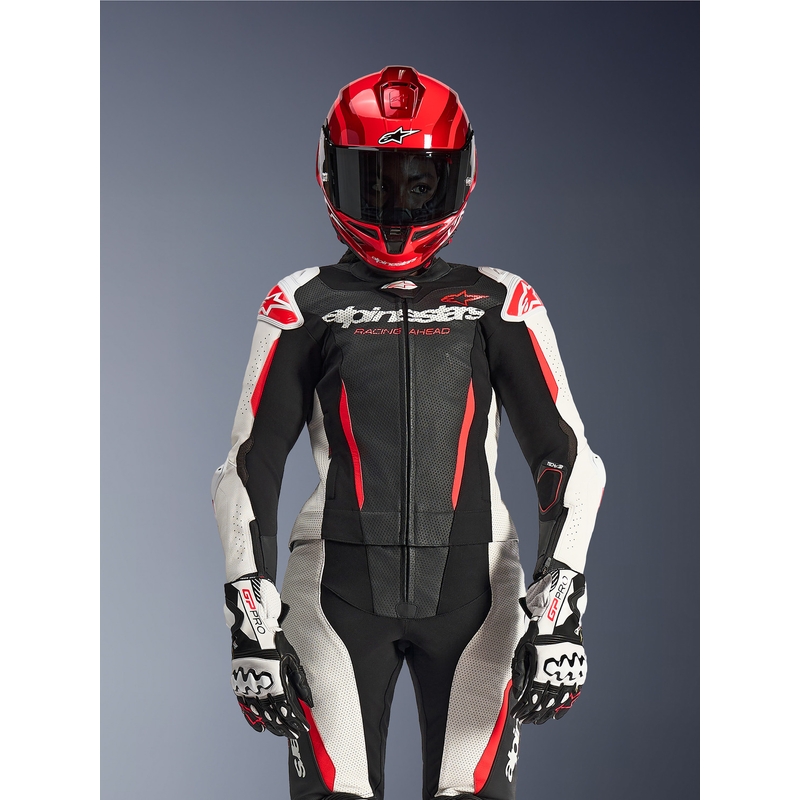 Žensko dvodijelno kožno motociklističko odijelo Alpinestars Stella GP-R7 crno-bijelo-fluo crveno