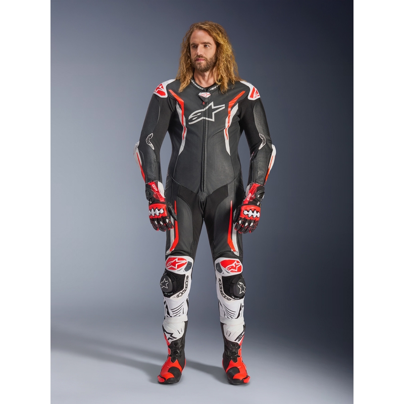Alpinestars GP TECH V5 jednodijelno kožno motociklističko odijelo crno-bijelo-fluo crveno