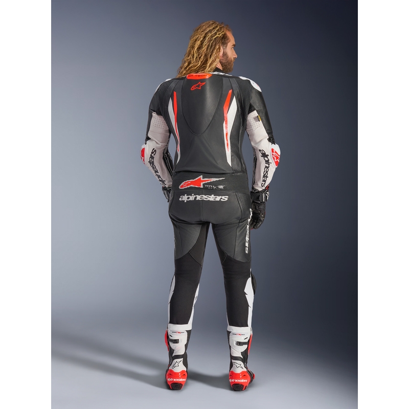 Alpinestars GP TECH V5 jednodijelno kožno motociklističko odijelo crno-bijelo-fluo crveno