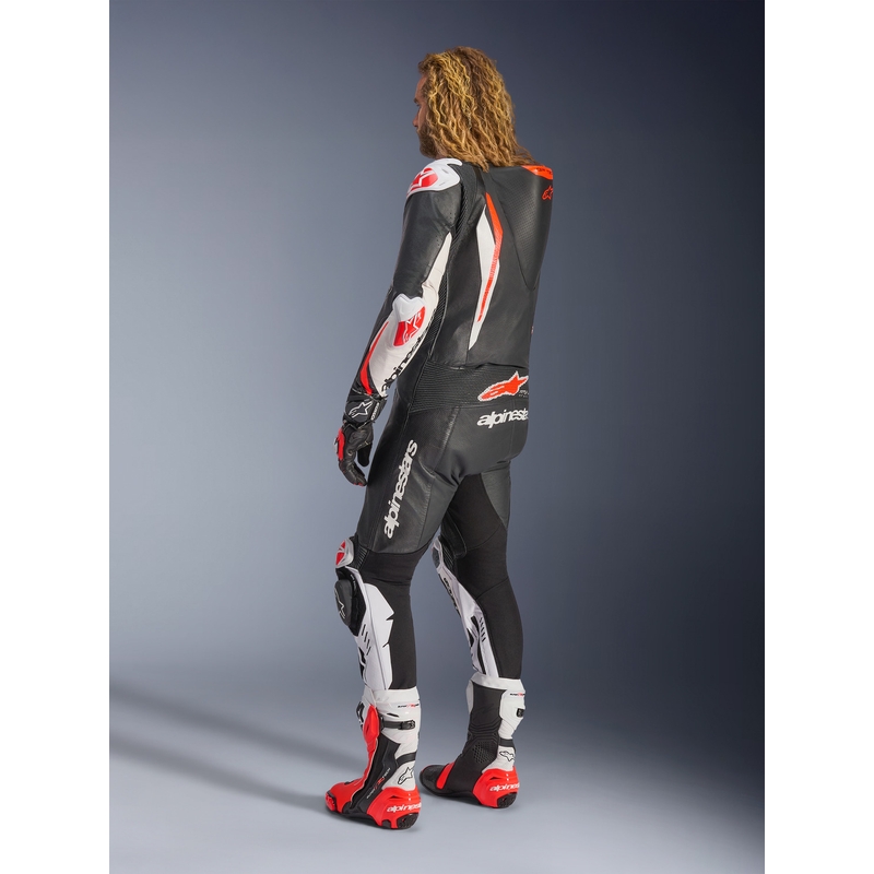 Alpinestars GP TECH V5 jednodijelno kožno motociklističko odijelo crno-bijelo-fluo crveno
