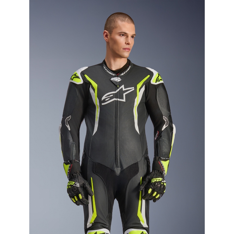 Alpinestars GP TECH V5 jednodijelno kožno motociklističko odijelo crno-bijelo-fluo žuto