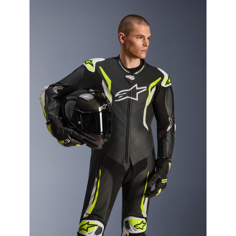 Alpinestars GP TECH V5 jednodijelno kožno motociklističko odijelo crno-bijelo-fluo žuto