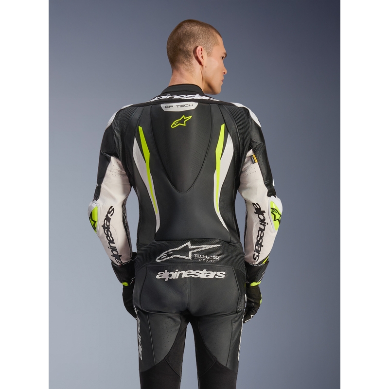 Alpinestars GP TECH V5 jednodijelno kožno motociklističko odijelo crno-bijelo-fluo žuto