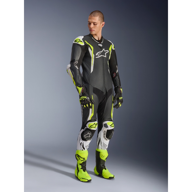 Alpinestars GP TECH V5 jednodijelno kožno motociklističko odijelo crno-bijelo-fluo žuto
