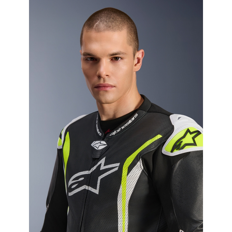 Alpinestars GP TECH V5 jednodijelno kožno motociklističko odijelo crno-bijelo-fluo žuto