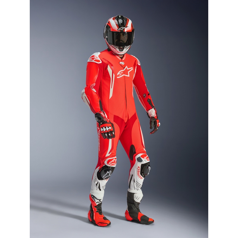 Alpinestars GP TECH V5 jednodijelno motociklističko kožno odijelo fluo crveno-crveno-bijelo