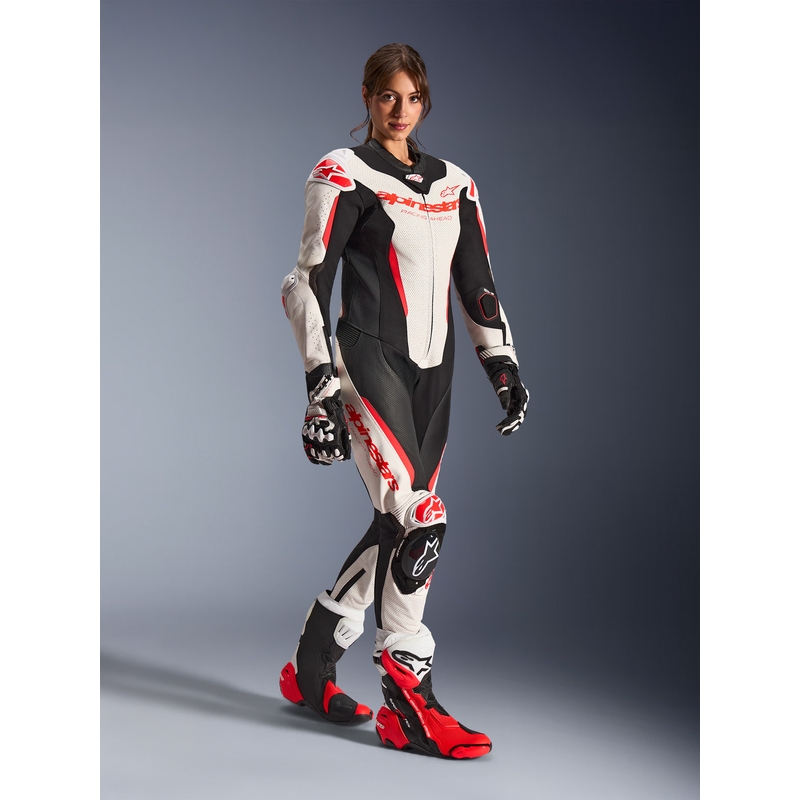 Žensko jednodijelno kožno motociklističko odijelo Alpinestars Stella GP-R7 bijelo-fluo crveno-crno