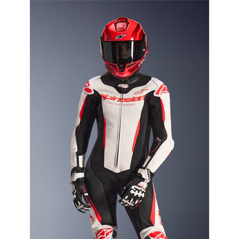Žensko jednodijelno kožno motociklističko odijelo Alpinestars Stella GP-R7 bijelo-fluo crveno-crno