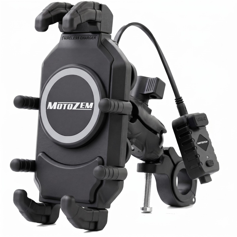 MotoZem Claw PRO antivibracijski držač s bežičnim punjačem i USB-C utičnicom crne boje